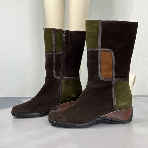 Aquatalia by Marvin K Matrix Color Block Patch Wedge Wood Suede Boots - Picture 1 of 10